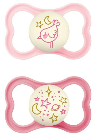 MAM Ciuccio con scudo ventilato, bagliore al buio, a partire da 16 mesi, tettarella extra sottile e flessibile in silicone facile accettazione, con scatola autsterilizzante, Supreme, rosa opaco, 2