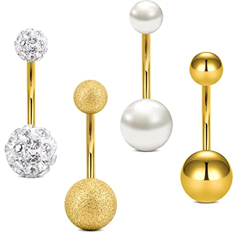 Vcmart 4 Uds. Barras para el ombligo 12mm oro acero quirúrgico 14G ombligo anillos Piercing joyería perla cristal