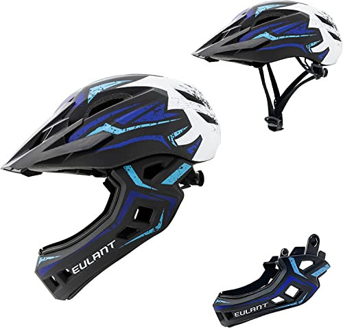 Fahrradhelm für Kinder, geringes Gewicht, Integralhelm mit abnehmbarem Kinnriemen, abnehmbares Visier, Downhill-Helm, Kinder, für Gleichgewicht, Rollschuhe, Blau/Weiß/S