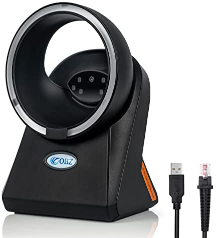 OBZ Escáner Código de Barras de Escritorio Omnidireccional Manos Libres con Cable USB, Lector 1D 2D QR Automático para POS PC Supermercado Biblioteca Tienda