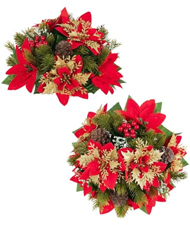 BLOSMON Noel Fleurs Artificielles Deco: 2 Pcs Rouge Pailleté Poinsettia Fleur Artificielle Bouquet 24cm Diamètre pour Centre de Table - Noël Boule Fleure Artificiel Maison Fête Salon Cheminée