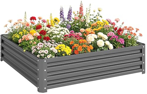 Outsunny 432L Square Raised Garden Bed, Galvanised Planter Box Outdoor with Open Bottom, Metal Raised Garden Bed Kit for Vegetables, Flowers and Herbs, 120 x 120 x 30cm, Light Grey