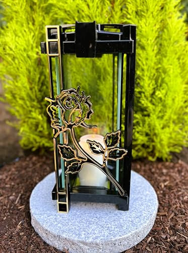 Lanterne funéraire avec rose dorée 33 cm de hauteur - Lampe funéraire avec bougie sans socle