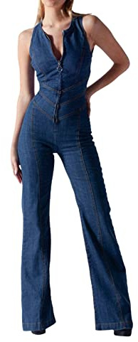 Tuta da Donna in Jeans - Jumpsuit Aderente in Denim, Allacciatura al Collo, Senza Schiena, Elasticizzata, Morbida, Leggera, Estiva, Blu, S
