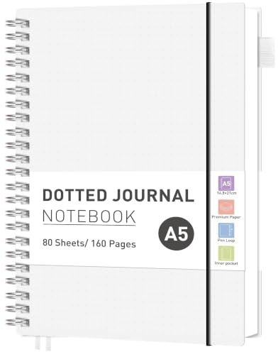 RETTACY A5 Spiral Notebook, Dotted Journal, 160 Pages, Transparent | Flexible Plastic Cover Notepad, 100 GSM Thick Bullet Paper, for Women Men Work Office School - 14.5 × 20.7 cm