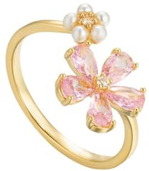 IMINI Dainty Flower Ring for Women Girls Sparkling Crystal Daisy Adjustable Statement Rings Pearl Chic Engagement Promise Ring Wrap Finger Open Band 14K Gold Plated Jewelry Gifts