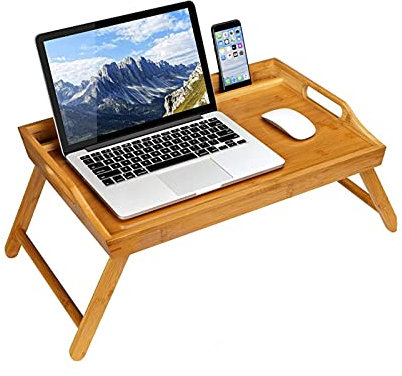 Gaxcent Vassoio del Letto con Maniglie, Gambe Pieghevoli, bambù, Vassoio per La Colazione con Telefono Cellulare E Tablet, Tavolo Portatile, Cucina, Tavolo da Porzione,Marrone