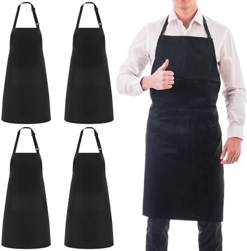Zanfqvo Grembiule da Cucina, 4 Pezzi Grembiule da Barbecue Impermeabile, Nero Cuoco Grembiul, Regolabile con Nastri Lunghi, Per Cucina, Ristorante, Caffè, Cucinare, BBQ