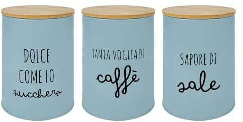 IlGruppone Set 3 Pezzi Barattoli Cucina Contenitori Certificati Contatto Alimentare Contenitore Sale Zucchero Caffè Moderne Scritte Barattolo Con Coperchio Ermetico Legno Bambù - Azzurro