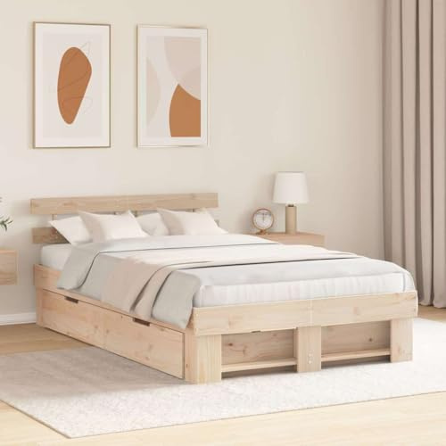 QJBSAVVA Bettgestell 120x200 Kiefer massiv braun mit Kopfteil, Lattenrost & integrierten Schubladen, Modernes Design & massiver Holzrahmen, leichte Pflege für Schlafzimmer und Gästezimmer