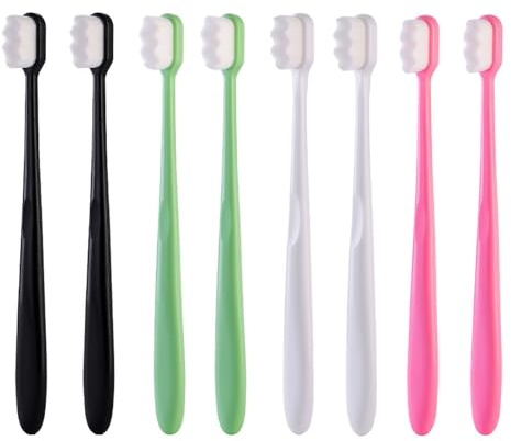 8 Pièces Brosse à Dent Souple, Nano Brosses à Dents Manuelles, Pour Gencives Fragiles, Haute Densité Soft, Accessible Aux Adultes, Enfants, Personnes âGées (Noir + Blanc + Rose + Vert)
