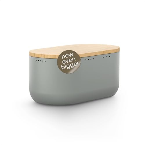 LARS NYSØM Bread Box I Metal bread box for long lasting freshness I Baked goods Bin with bamboo lid usable as cutting board I 13.6x7.3x6.2in (Ash Gray)