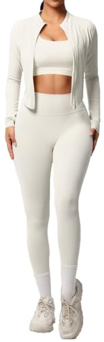 Ensemble de sport 3 pièces pour femme - Survêtement avec veste de sport - Legging + soutien-gorge de sport - Vêtements de sport pour fitness, yoga et pilates - Ensemble d'entraînement sportif
