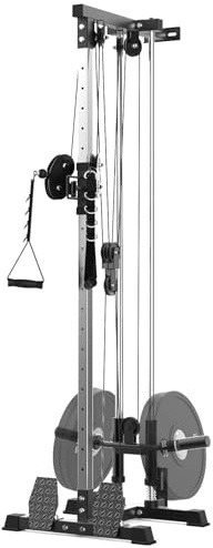 Wall Mount Cable Machine - Dual Pulley Cable Crossover System with 20 Adjustable Positions for LAT Pulldown, Row & Total Body Training | Includes LAT Bar, Tricep Rope, t-Bar & Foot Board for Home Gym
