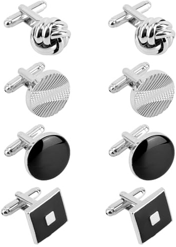 8pcs Cufflinks for Men, Classic Simple Silver Black Cuff Links Men’s Jewelry Accessories for Groom Groomsmen Shirt Suit Tuxedo (4 Designs)