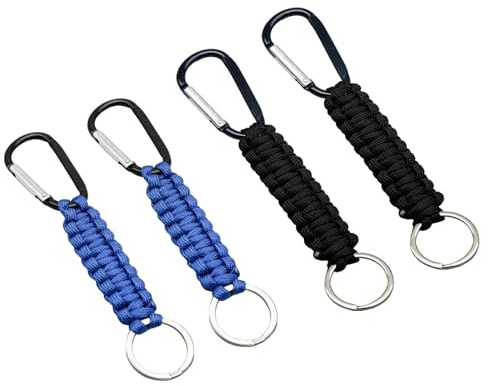 Set med 4 flätade fallskärmslina karbinhake, bältesryggsäckshängare, överlevnadssats, camping, vandring, karbinhake, robust, lätt, svart och kungsblå, för utomhusaktiviteter