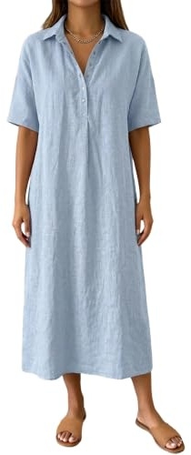 Dam bomull linne t-shirt klänning avslappnad strand tunika maxiklänningar | Bomullslinne tyg | polohals | T-skjorta stil | Maxilängd | strand avslappnad look