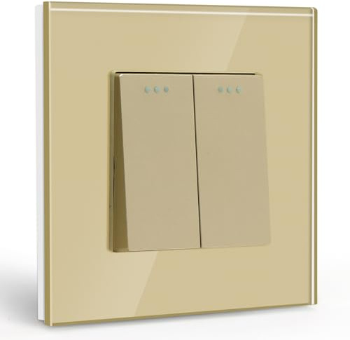 BSEED Light Switch 2 Gang 1 Way Glass Light Switches Screwless 10A Rocker Tactile Wall Switch Gold Crystal Toggle Switch