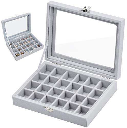 Winfred Joyero con 24 compartimentos, caja para joyas, expositor con tapa de cristal transparente para anillos, relojes, collares, pendientes, idea de regalo