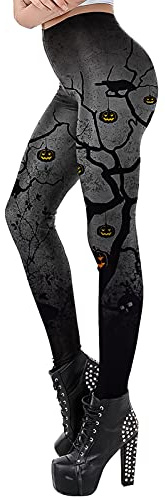 FEOYA Halloween Leggings Femme 3D Taille Haute Legging Élastique Extensible Collant de Sport Legging Motif Sirene Tête de Mort Galaxy Citrouille C S