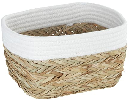 WENKO Cesta de almacenamiento Rika M, cesto decorativo para pequeños accesorios, con fibras vegetales naturales y tejido de algodón, 80 % fibra natural y 20 % algodón, 18 x 25 x 15 cm, marrón/blanco