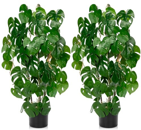 Set of 2 Fake Plants 76cm Artificial Plants Indoor in Black Pots Decorative Faux Monstera Plants Potted Large Floor Plant Tree Artificial Monstera Plant for Office Home Bathroom Outdoor Decor