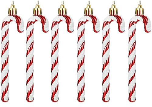 6 PCS 13cm Glitter Candy Cane Christmas Tree Decorations, Glitter Candy Cane Christmas Tree Hanging Decoration Bauble Xmas Ornament, Red + White