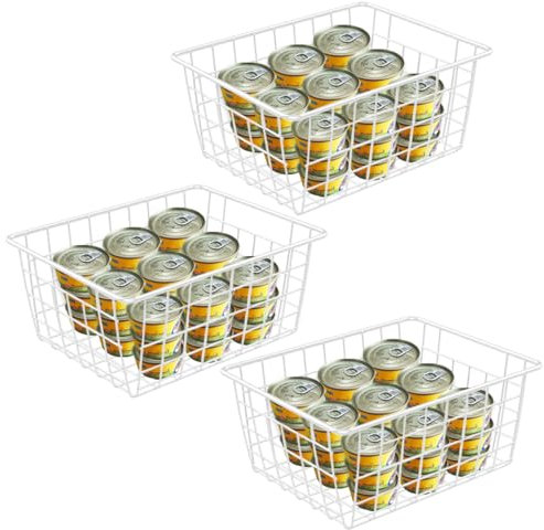 LOSYHU Confezione da 3 cestini portaoggetti in filo metallico, 33 x 24 x 14 cm, con manici, cestini portaoggetti in metallo per congelatore, dispensa, congelatore, armadi, scaffali, bagno