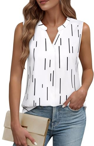 Timeson Women's Chiffon V Neck Sleeveless Blouse Tops Office Work Shirts Black Stripe Medium