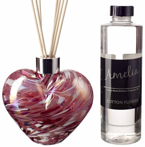 Amelia Art Glass Reed Diffuser Heart Gift Set Pink & White with Cotton Flower Fragrance