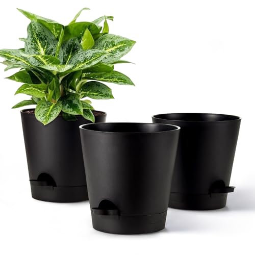 Gardrium Lot de 3 Pots de Fleurs en Plastique avec Soucoupe (17,8 cm), Cache-Pot pour Herbes aromatiques avec Trous de Drainage, Pots de Fleurs Ronds pour l'intérieur et Le Balcon, Noir