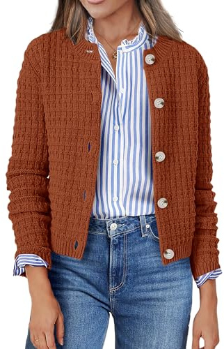 Zeagoo Women's 2025 Cardigan Sweaters Button Down Crew Neck Open Front Long Sleeve Knit Cropped Jackets Caramel