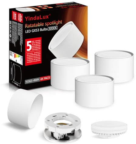 YindaLux 4 x LED Surface-Mounted Spotlights Diameter 84 x 50 mm Ceiling Light 6 W Replaceable GX53 Bulb 3000 K Warm White 660 LM LED Downlight for Bathroom Kitchen