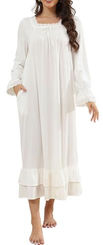 YARISNEY Women's Long Nightgown Cotton Long Sleeve Sleepwear Victorian Princess Nightdress with Pockets S-3XL
