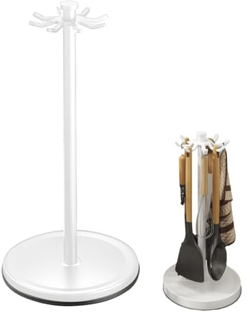 Organizador de utensilios de acero inoxidable – Soporte giratorio de 360° para encimera de cocina con 8 ganchos, soporte multiusos organizador de utensilios de cocina | Colgador alto para almacenamien