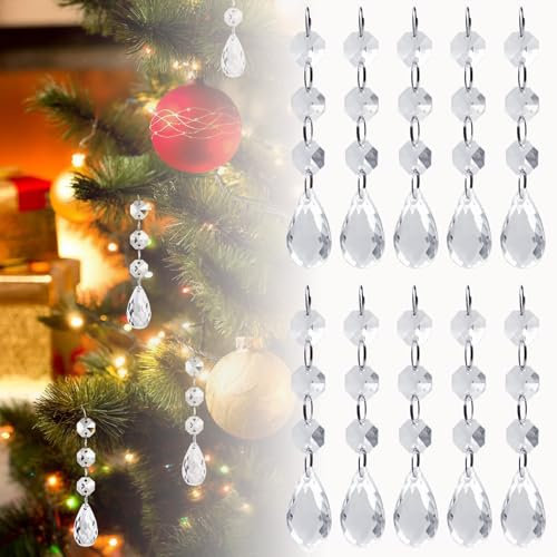30 Pcs Christmas Tree Acrylic Crystal Drop Beads Pendants Christmas Tree Hanging Ornaments Garland Chandelier Crystals Clear Droplet Prism Decor for Xmas Wedding Festival Home Party Event