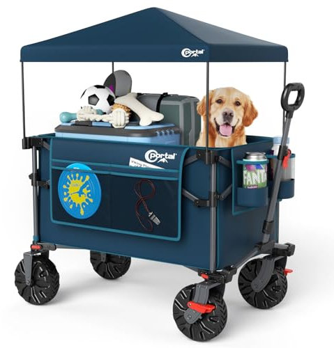 Portal Festival Beach Trolley on Wheels with Canopy Folding 350L XXL Heavy Duty Camping Trolley Cart with Brakes Open Tailgate Pull along Wagon Collapsible Garden Hand Truck Trailer Buggy