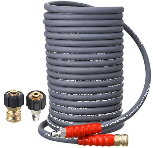 RIDGE WASHER Pressure Washer Hose 100 Feet X 3/8 Inch for Hot and Cold Water, Non Marking Gray Power Washer Hose, M22 14 mm to 3/8 Inch Quick Connect, 4000 PSI