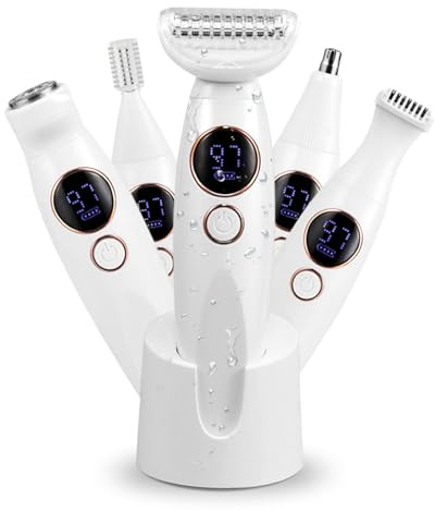 Rasoio donna, 5 in 1, senza fili, per donne, Ipx7, impermeabile, rasoio elettrico donna, con stazione di ricarica, bikini trimmer per ascelle, gambe, viso naso