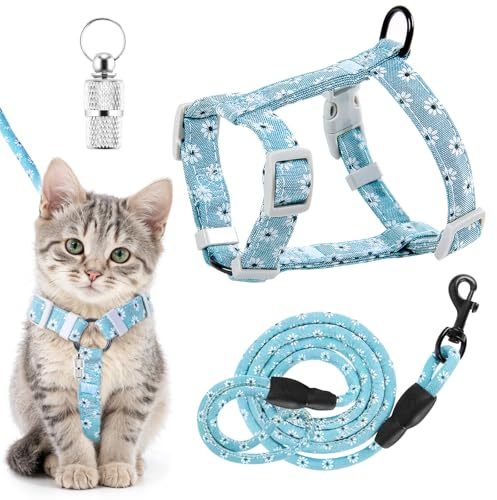 Cat Harness and Leash Set, Lovely Floral Kitten Harnesses with Pet Anti-Lost Pendant, Adjustable Escape Proof Cat Harness, Use Easy Walking Travel Kitten Carrier Cats