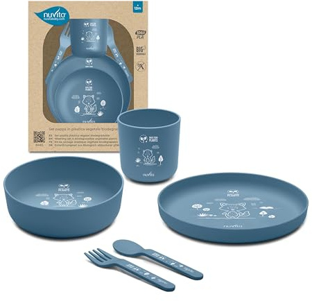 Nuvita 8465 Set Pappa in Bioplastica – Piattino, Ciotola, Tazza e Posate in PLA Biodegradabile – Lavabile in Lavastoviglie, adatto per Microonde, Atossico, Senza BPA e Ftalati – 6 Mesi+ - Powder Blue