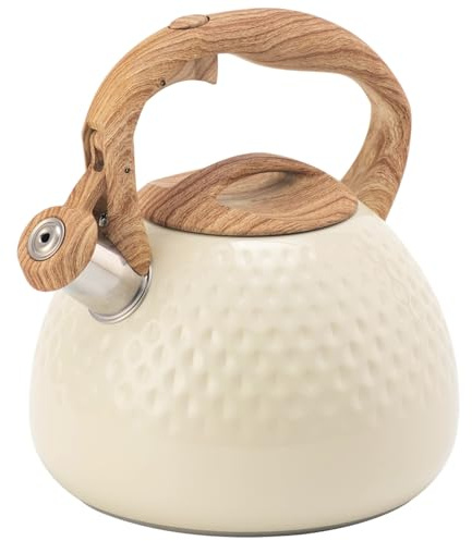 Beruyu Stove Top Whistling Kettle, Stainless Steel Tea Kettle Teapot with Wood Grain Anti-Heat Handle for Gas Stove Induction Hob, 3L (Beige)