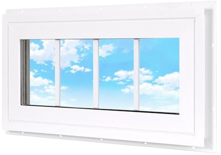Vinyl Transom Household Window, 10 x 23 Double Pane Fixed Window with Grids and Tempered Glass for House, Garage (White)