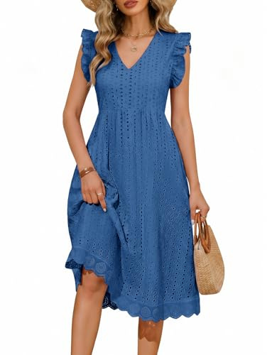 PASUDA Women Dresses Summer Elegant V Neck Ruffle Sleeve Midi Dress Casual A-Line Ladies Dresses High Waist Beach Sundress with Pockets Holiday Dress (Blue, XL)
