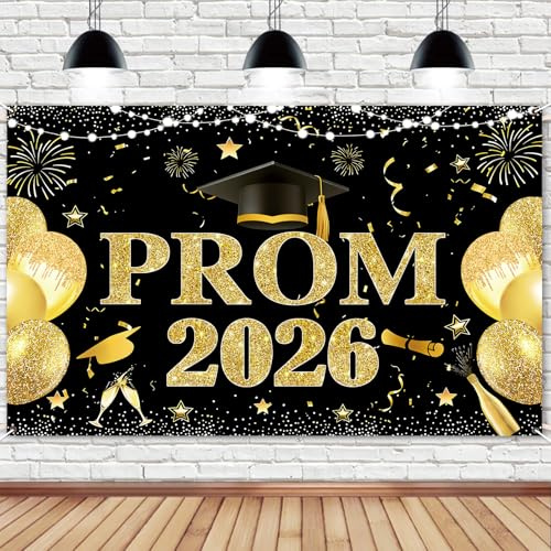 Decorazioni di laurea Prom 2026 Decorazioni Sfondo Banner Classe del 2026 Cappello di laurea Fuochi d'artificio e stelle Design Nero Oro Sfondo fotografico per Senior High School College Grad Party
