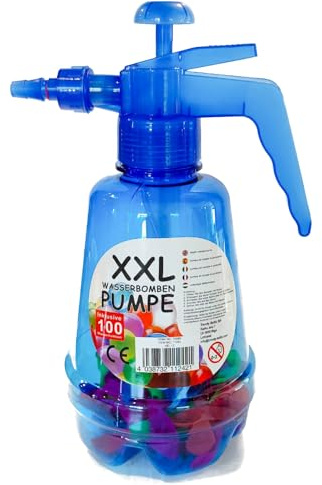 XXL vattenbomber, pump med 100 vattenbomber, flaska, ballonger i färgglada färger, pump, tryckflaska (blå)