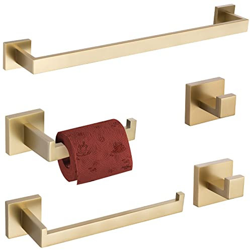 TURS Juego de Accesorios de baño de Acero Inoxidable y Oro Cepillado, Montaje en Pared, 5 Piezas