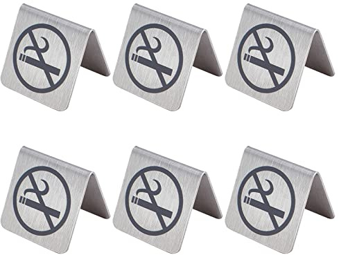 AHANDMAKER 6 Pcs Stainless Steel No Smoking Table Sign, Reservation Signage Board Warning Sign No Smoking Sign Card Hotel Office Non-Smoking Desk Logo Indicator, 48x50x50mm