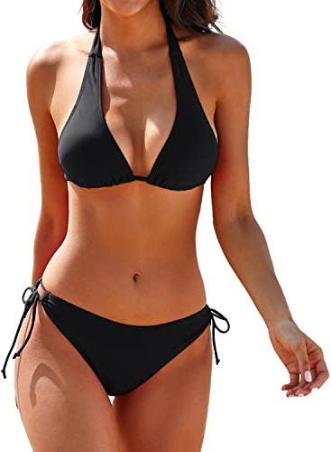 Bikini Set for Women Push Up Bathing Suits Cute Halter Bikini Top Black Bikini Bottoms Swimsuits Black S