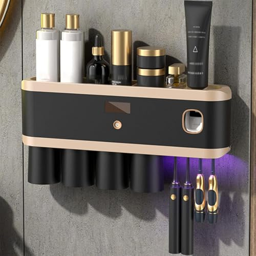 Elektrisk tandborsthållare Väggmonterad, UV-sterilisator, laddningsbar, automatisk tandkrämsdispenser, för tandborstar för dusch och badrum,Black,4cups